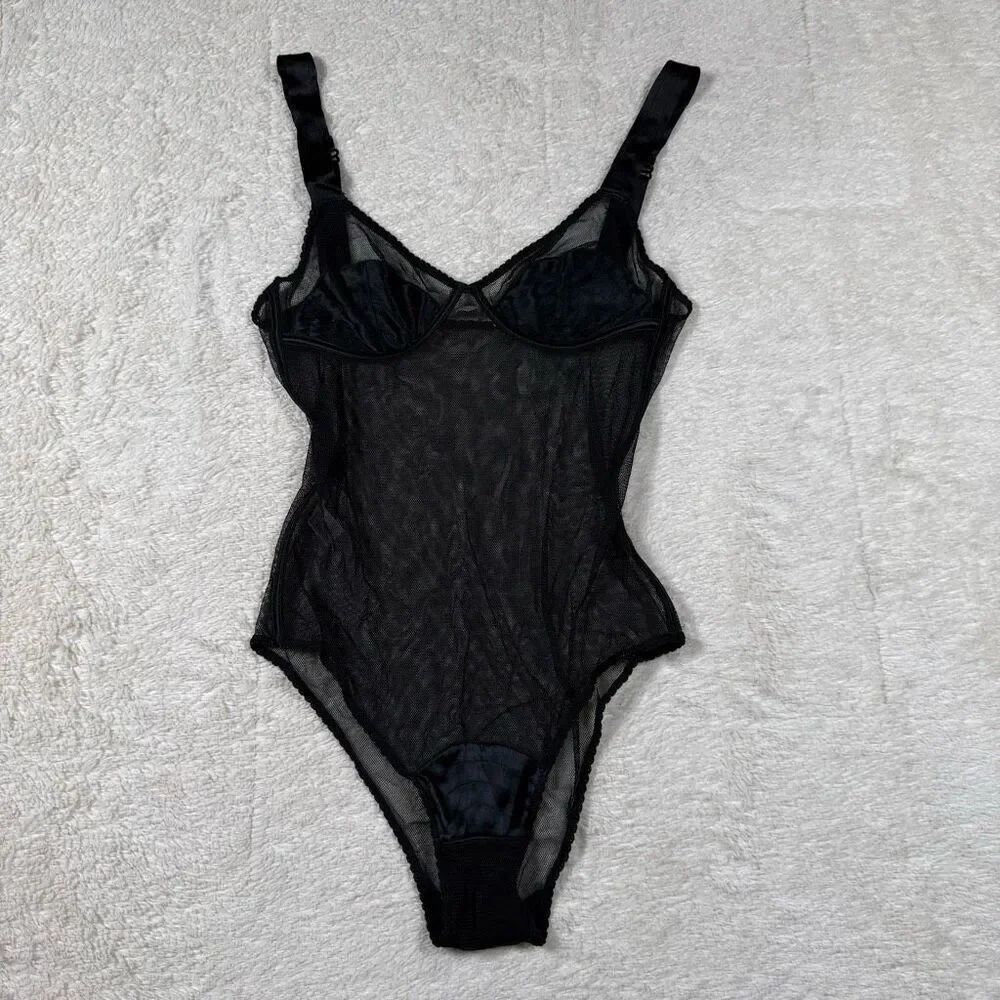 Stella McCartney Sheer Mesh Bodysuit Black Minimalist Lingerie Designer Teddy